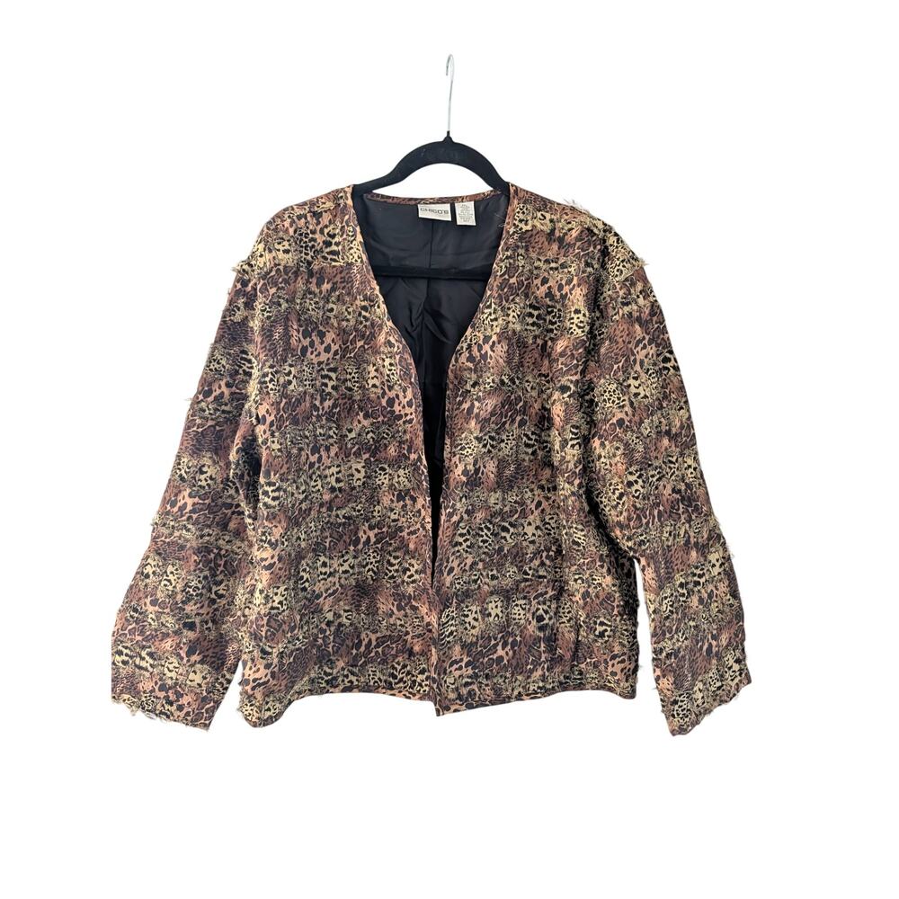CHICO'S 100% Silk Jacket - Sz 2 / Large - Open Front Frayed Edges Animal Print